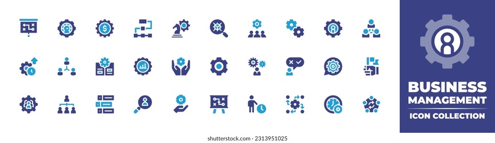 Business management icon collection. Duotone color. Vector illustration. Containing strategy, optimize, gear, workflow, setting, blockchain, worker, team work, manager, collaborative, productivity.