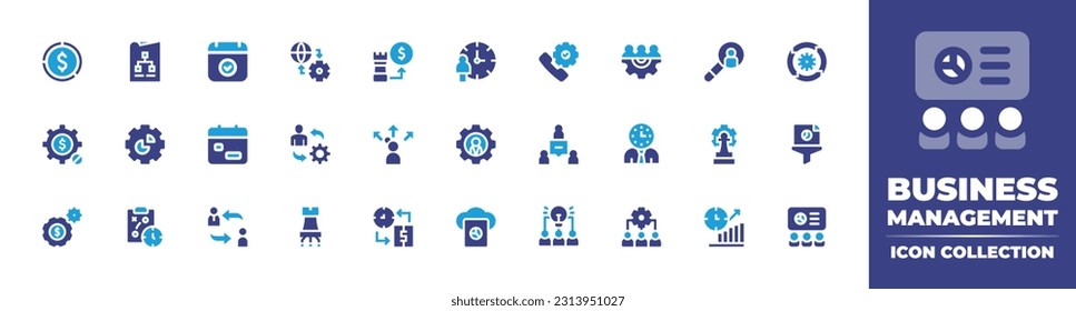 Business management icon collection. Duotone color. Vector illustration. Containing pie chart, schemes, calendar, exchange, investment, efficiency, phone, teamwork, magnifying glass, iteration.