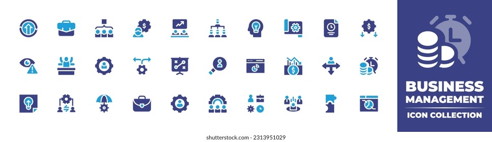 Business management icon collection. Duotone color. Vector illustration. Containing continuous improvement, briefcase, team, obligation, employee, hierarchy, idea, planning, time, recession.