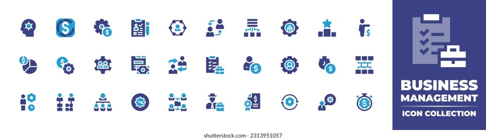 Business management icon collection. Duotone color. Vector illustration. Containing management, money management, setting, cv, team, exchange, aggregation, planning, ranking, manager, money, checklist