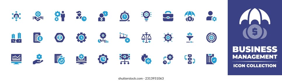 Business management icon collection. Duotone color. Vector illustration. Containing outsourcing, crm, project manager, time management, development, briefcase, investment insurance, profile.