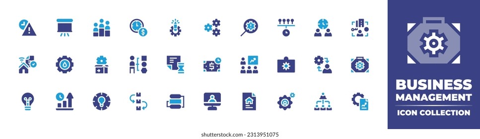 Business management icon collection. Duotone color. Vector illustration. Containing deadline, presentation, rank, time is money, idea, operational system, identify, timeline, time management.