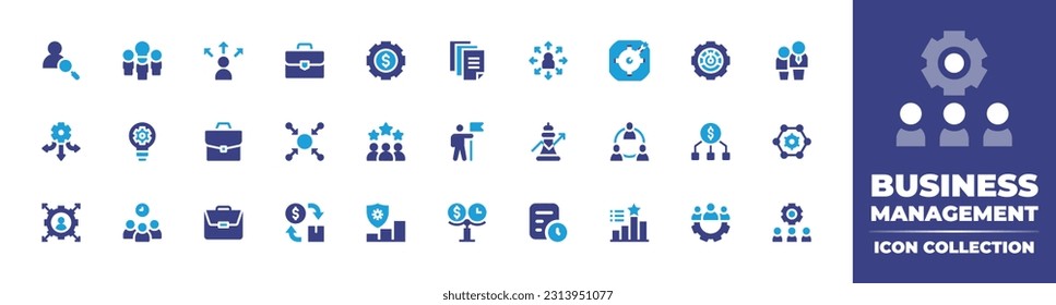 Colección de iconos de administración de negocios. Color de duotona. Ilustración vectorial. Conteniendo usuario, inteligente, toma de decisiones, maletín, gestión de activos, datos, objetivo, riesgo, empresario, innovación.