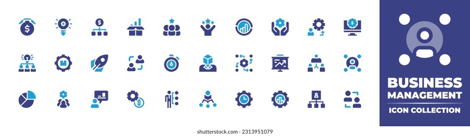 Business management icon collection. Duotone color. Vector illustration. Containing stopwatch, innovation, money management, product, candidates, success, continuous improvement, corporate.