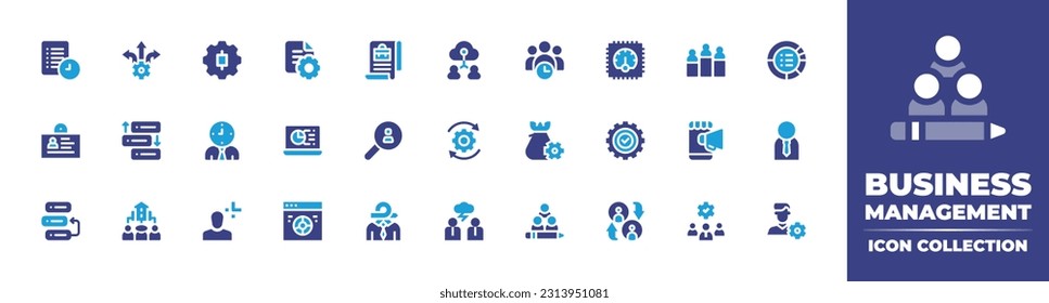 Sammlung von Business-Management-Symbolen. Duotonfarbe. Vektorgrafik. Enthält Archiv, Entscheidungsfindung, Einstellungen, Einstellung, Job, Team, Zeitmanager, Verarbeitung, Rang, Allokation, ID-Karte.