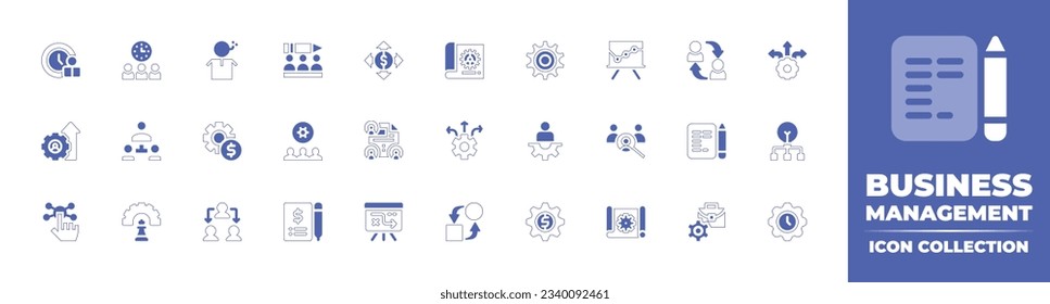 Business management icon collection. Duotone style line stroke and bold. Vector illustration. Containing time management, crisis management, team, money, scheme, management, presentation, and more.