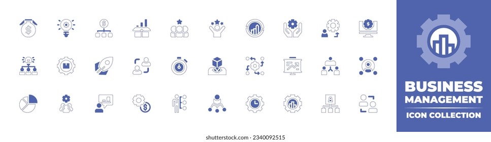 Business management icon collection. Duotone style line stroke and bold. Vector illustration. Containing stopwatch, innovation, money management, product, candidates, success, and more.