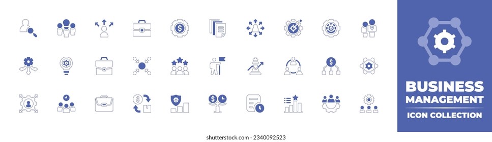 Business management icon collection. Duotone style line stroke and bold. Vector illustration. Containing user, intelligent, decision making, briefcase, asset management, data, goal, risk, and more.