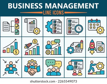 Business Management Icon Collection for file management, time management, team leader, team work,leadership, profit growth, working, efficiency, skill, discussion, idea, meeting, task and team