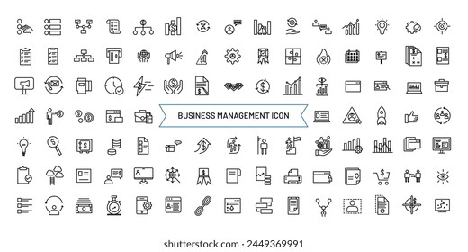 Business Management Icon Collection. Line Set contains such Icons as Vision, Mission, Values, Human Resource, Experience and more. Outline icons collection.