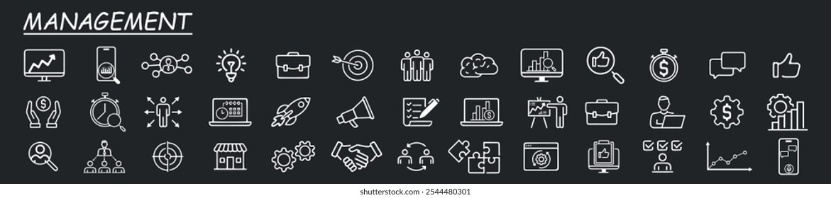 Business management icon collection. Line set contains such icons as vision, mission, values, human resources, experience and more. Simple web icons set. White on grey background