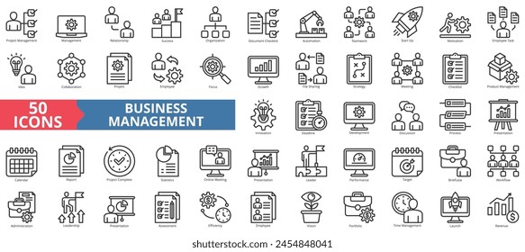 Conjunto de colecciones de iconos de gestión empresarial. Conteniendo proyecto, relación, éxito, organización, lista de comprobación de documentos, automatización, icono de trabajo en equipo. Vector de línea simple.