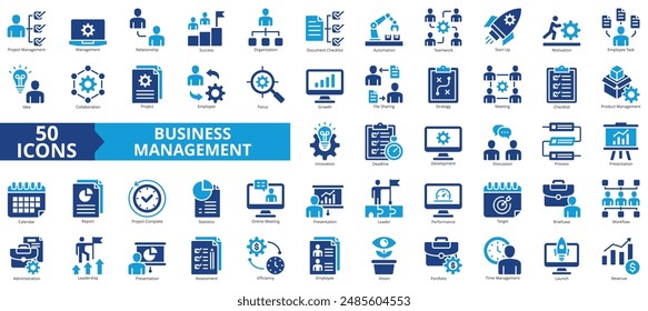 Business management icon collection set. Containing project, relationship, success, organization, document checklist, automation, teamwork icon. Simple flat vector.