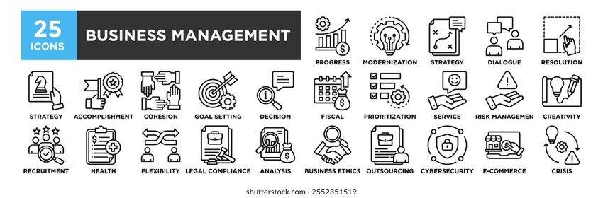 Conjunto de coleta de ícones do Business Management. Contendo o progresso do projeto, modernização, estratégia, diálogo, resolução