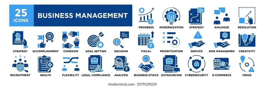 Business Management icon collection set. Containing design Progress, Modernization, Strategy, Dialogue, Resolution	