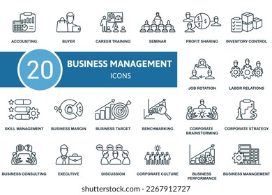 Business Management icon outline set. Line Business Management icon collection. Accounting, Buyer, Career Training, Seminar, Profit Sharing, Executive, Discussion, Corporate Culture, Business