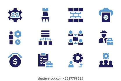 Conjunto de ícones de gerenciamento de negócios. Estilo negrito. Cores duotônicas. estratégia, associação, cronômetro, gerenciamento de equipe, gerenciamento, agregação, equipe, lista de verificação, rede.