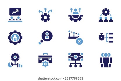 Conjunto de ícones de gerenciamento de negócios. Estilo negrito. Cores duotônicas. funcionário, pesquisa, trabalho, configurações, gerenciamento, gerenciamento de riscos, gerenciamento de dinheiro, executivo, direções.