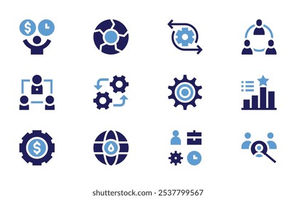Business management icon set. Bold style. Duotone colors. configuration, decision, hierarchical structure, asset management, process, recovery, worldwide, management.