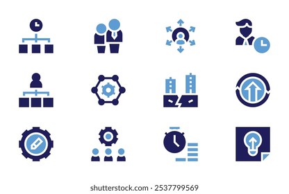 Business management icon set. Bold style. Duotone colors. businessman, team, onboarding, outsourcing, catastrophe, time is money, time management, management.