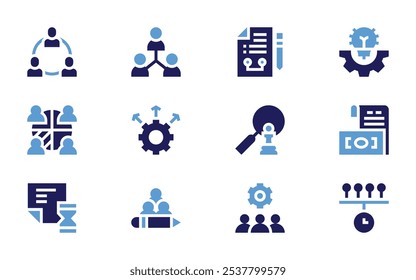 Business management icon set. Bold style. Duotone colors. project, strategic, network, decision making, collaboration, employees, time, worker.