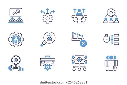 Conjunto de ícones de gerenciamento de negócios. Estilo de linha em negrito. Cores duotônicas. AVC editável. gerenciamento de equipe, gerenciamento de riscos, gerenciamento de dinheiro, executivo, hierarquia, cooperação.