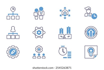 Conjunto de iconos de gestión empresarial. Estilo de línea en negrita. Colores duotónicos. Obligación, contrato, mejora continua, gerente de recursos humanos, outsourcing, catástrofe, gestión del tiempo, proyecto.