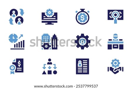 Business management icon set. Bold style. Duotone colors. management, money management, cv, bar chart, crm, time management, assortment, real estate, boss, exchange, loan.