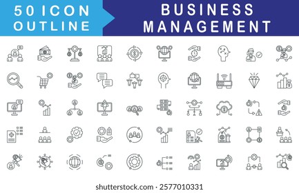 Business Management icon set collection. Consist of Expert opinion, Money loan, Budget balance, Analytics group, Economy, Business network, Time management. Simple vector outline illustration.