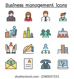 Business management icon set in color line style