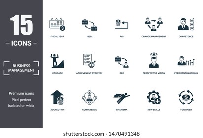 Business Management Icon Set. Contain Filled Flat Charisma, Competence, Competence, Achievement Strategy, Perspective Vision, Courage, New Skills, Accrection Icons. Editable Format.