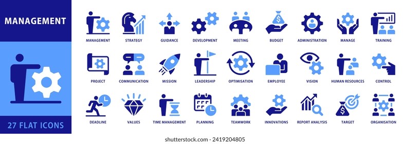 Business Management icon set. Containing management, teamwork, strategy, administration, business, development, training, employee, guidance symbols. Dual Color Flat Style icon collection