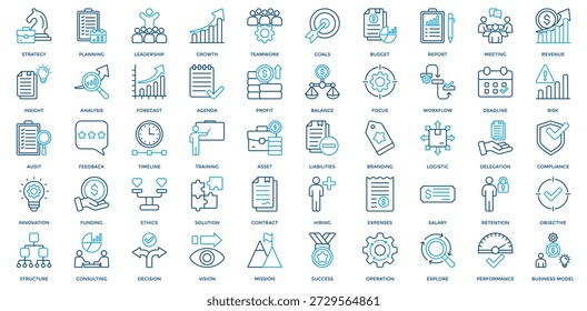 Conjunto de ícones do Business Management. Contendo estratégia, planejamento, liderança, lucro, trabalho em equipe, metas, orçamento, objetivo, estrutura, delegação, ícone conformidade. Estilo de Cor da Contorno