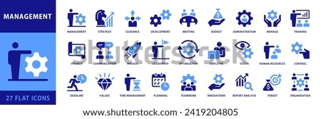 Business Management icon set. Containing management, teamwork, strategy, administration, business, development, training, employee, guidance symbols. Dual Color Flat Style icon collection