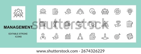 Business or management icon set. Containing manager, teamwork, strategy, marketing, business, planning, training, employee icons. Editable stroke. Vector illustration