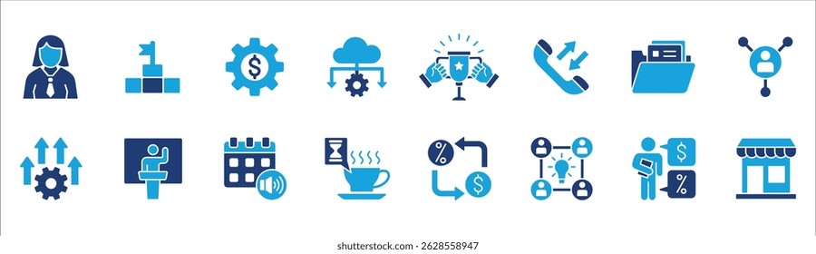 Business and management icon set. Contains symbol of businessman, target, finance, financial, success, data, customer service, work, money, store, shop, meeting, education, idea. Vector illustration
