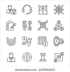 Business management icon set. Contains icon of businessman, target, accounting, finance, profit, success, data, customer service, work, store, shop, meeting, education, idea. Vector illustration