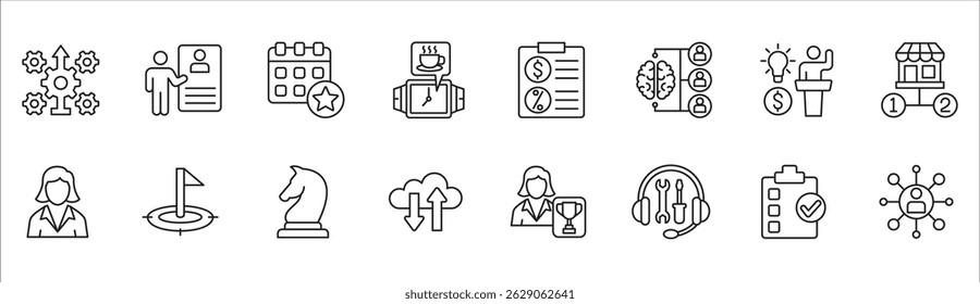 Business and management icon set. Contains symbol of businessman, target, finance, financial, success, data, customer service, work, money, store, shop, meeting, education, idea. Vector illustration
