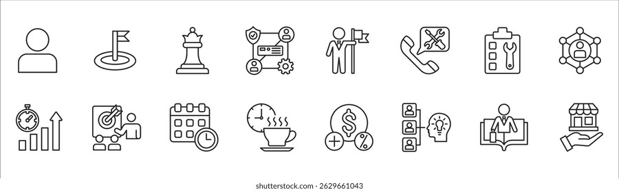 Business and management icon set. Contains symbol of businessman, target, finance, financial, success, data, customer service, work, money, store, shop, meeting, education, idea. Vector illustration