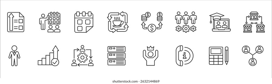 Business and management icon set. Contains symbol of businessman, target, finance, financial, success, data, customer service, work, money, store, shop, meeting, education, idea. Vector illustration