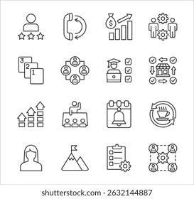 Business management icon set. Contains icon of businessman, target, accounting, finance, profit, success, data, customer service, work, store, shop, meeting, education, idea. Vector illustration