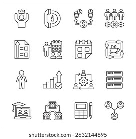 Conjunto de ícones de gerenciamento de negócios. Contém ícone de empresário, alvo, contabilidade, finanças, lucro, sucesso, dados, atendimento ao cliente, trabalho, loja, loja, reunião, educação, ideia. Ilustração vetorial