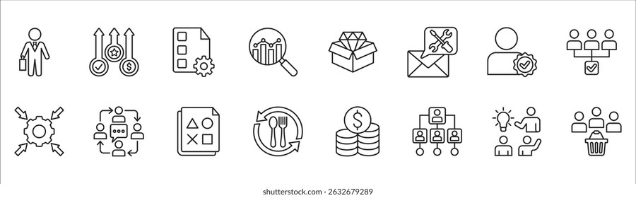Business and management icon set. Contains symbol of businessman, target, finance, lunchtime, success, data, reward, work, money, employee, task, shop, meeting, education, idea. Vector illustration