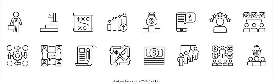 Business and management icon set. Contains symbol of businessman, target, finance, lunchtime, success, data, reward, work, money, employee, task, shop, meeting, education, idea. Vector illustration