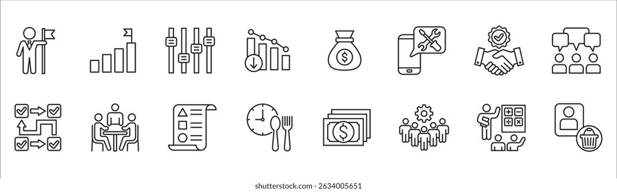 Business and management icon set. Contains symbol of businessman, target, finance, lunchtime, success, data, reward, work, money, employee, task, shop, meeting, education, idea. Vector illustration