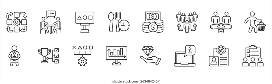 Business and management icon set. Contains symbol of businessman, target, finance, lunchtime, success, data, reward, work, money, employee, task, shop, meeting, education, idea. Vector illustration