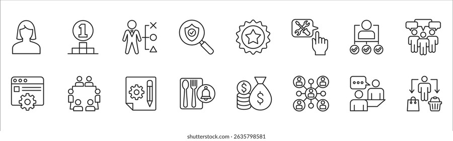 Business and management icon set. Contains symbol of businessman, target, finance, lunchtime, success, data, reward, work, money, employee, task, shop, meeting, education, idea. Vector illustration