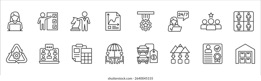 Business and management icon set. Contains symbol of businessman, target, leadership, progress, holiday, data, stock, market, accounting, training, resource, finance, service. Vector illustration
