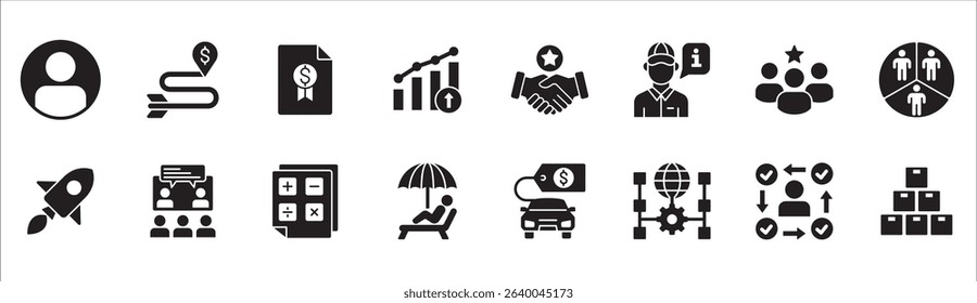 Business and management icon set. Contains symbol of businessman, target, leadership, progress, holiday, data, stock, market, accounting, training, resource, finance, service. Vector illustration
