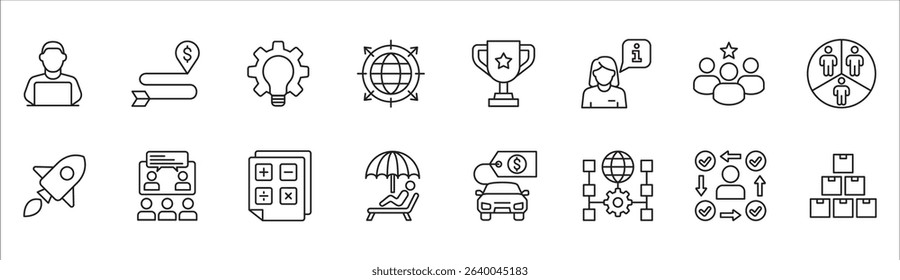 Business and management icon set. Contains symbol of businessman, target, leadership, progress, holiday, data, stock, market, accounting, training, resource, finance, service. Vector illustration